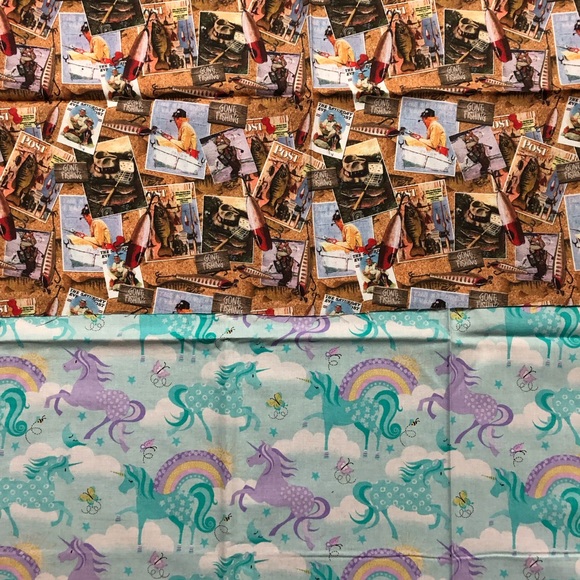 Assorted Cotton Sewing Fabric Remnants Fishing And Unicorns - Picture 1 of 6